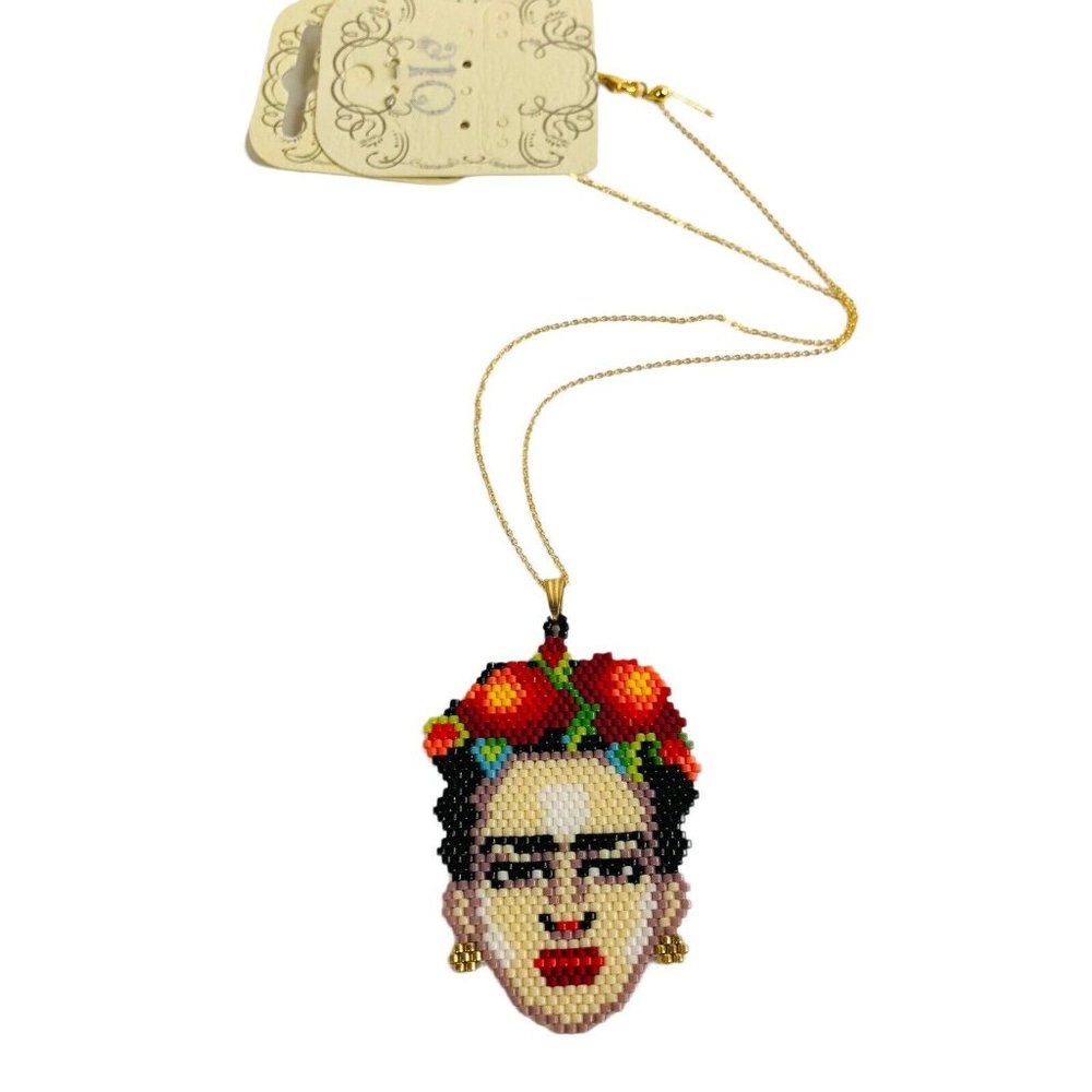 NEW Frida Kahlo Seed Bead Necklace Miyuki Handmade Artisanal Mexican Artist 18" - Picture 3 of 5